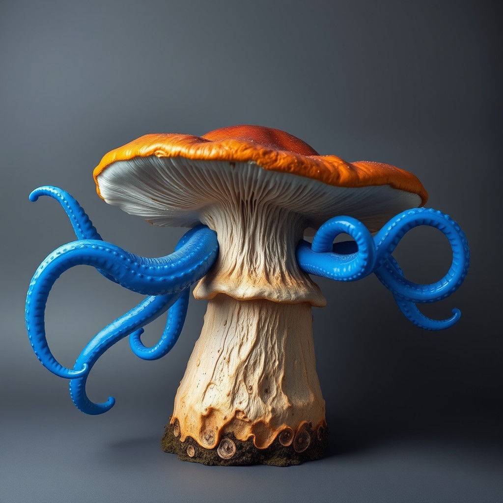 A large, vibrant mushroom with giant blue tentacle-like arms extending from its sides, set against a smooth gray background