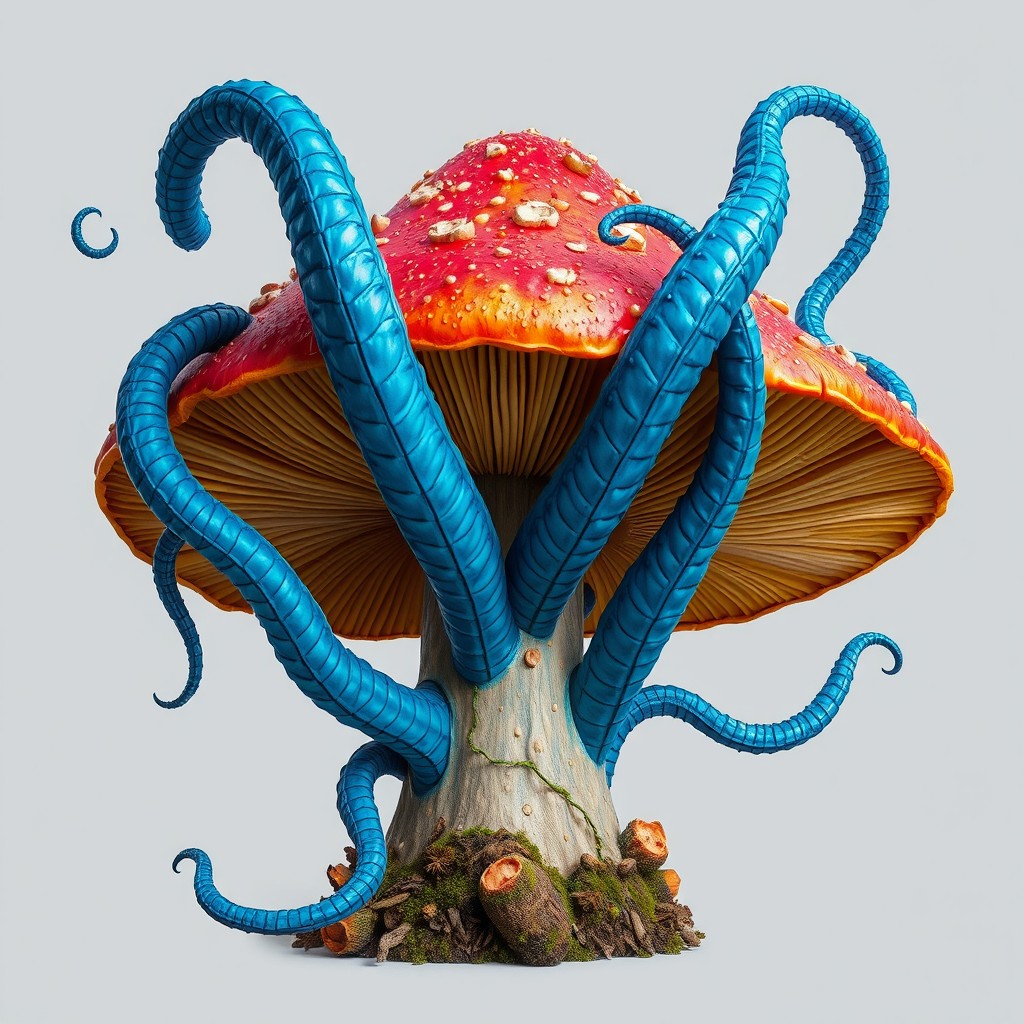 A large, vibrant mushroom with giant blue tentacle-like arms extending from its cap, creating an otherworldly atmosphere