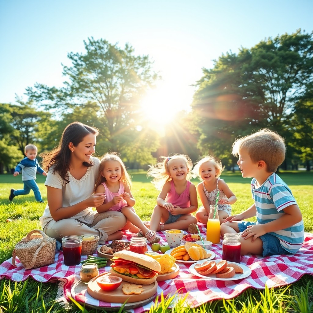 A family picnic scene in a beautiful park, featuring a happy family of four enjoying their time together
