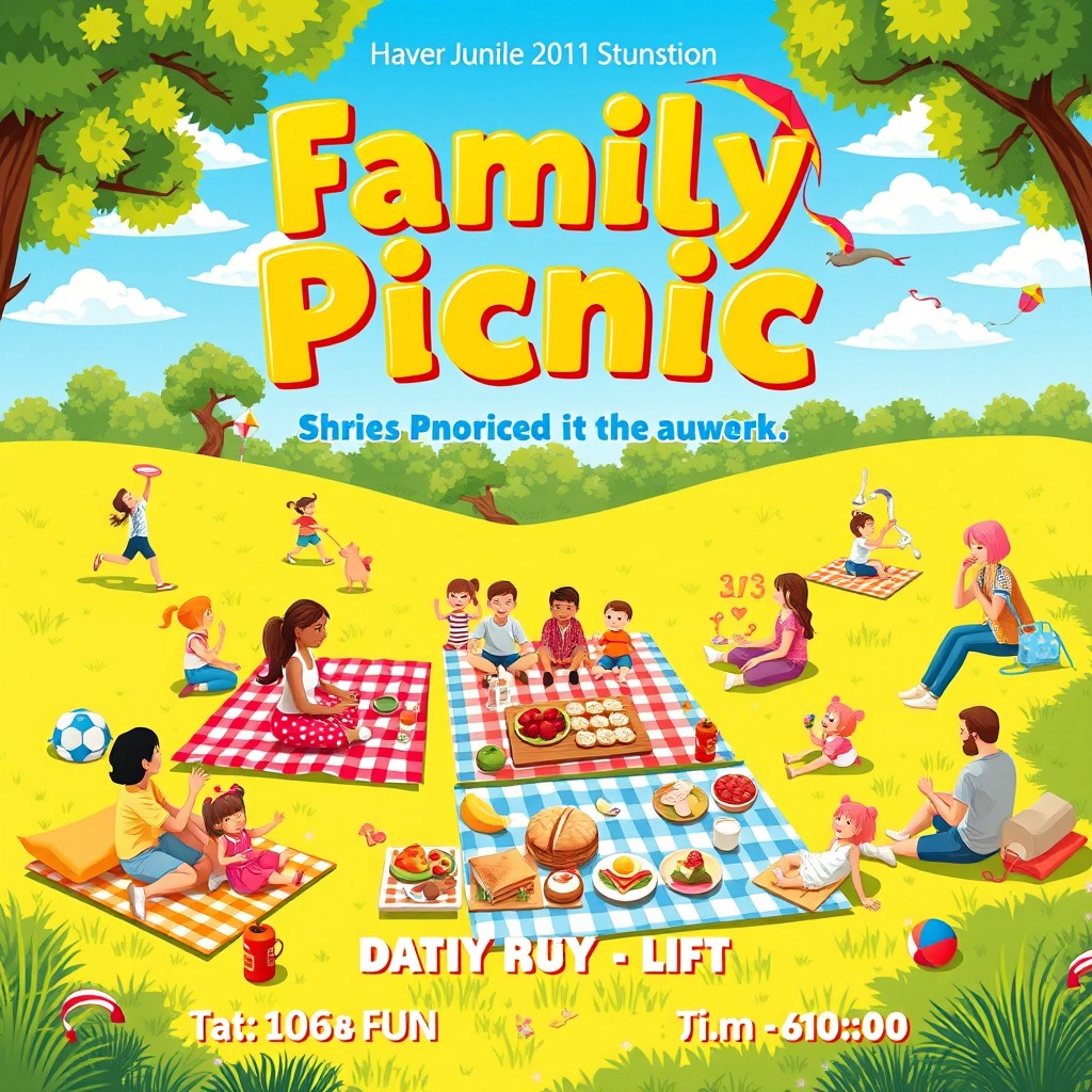 A vibrant and inviting promotional poster for a family picnic