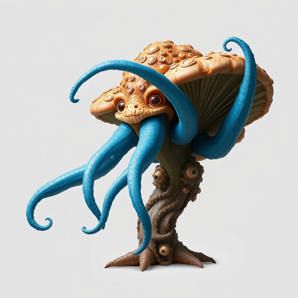 A large myconid, a fantastical mushroom creature, featuring giant blue tentacle-like arms extending from its body