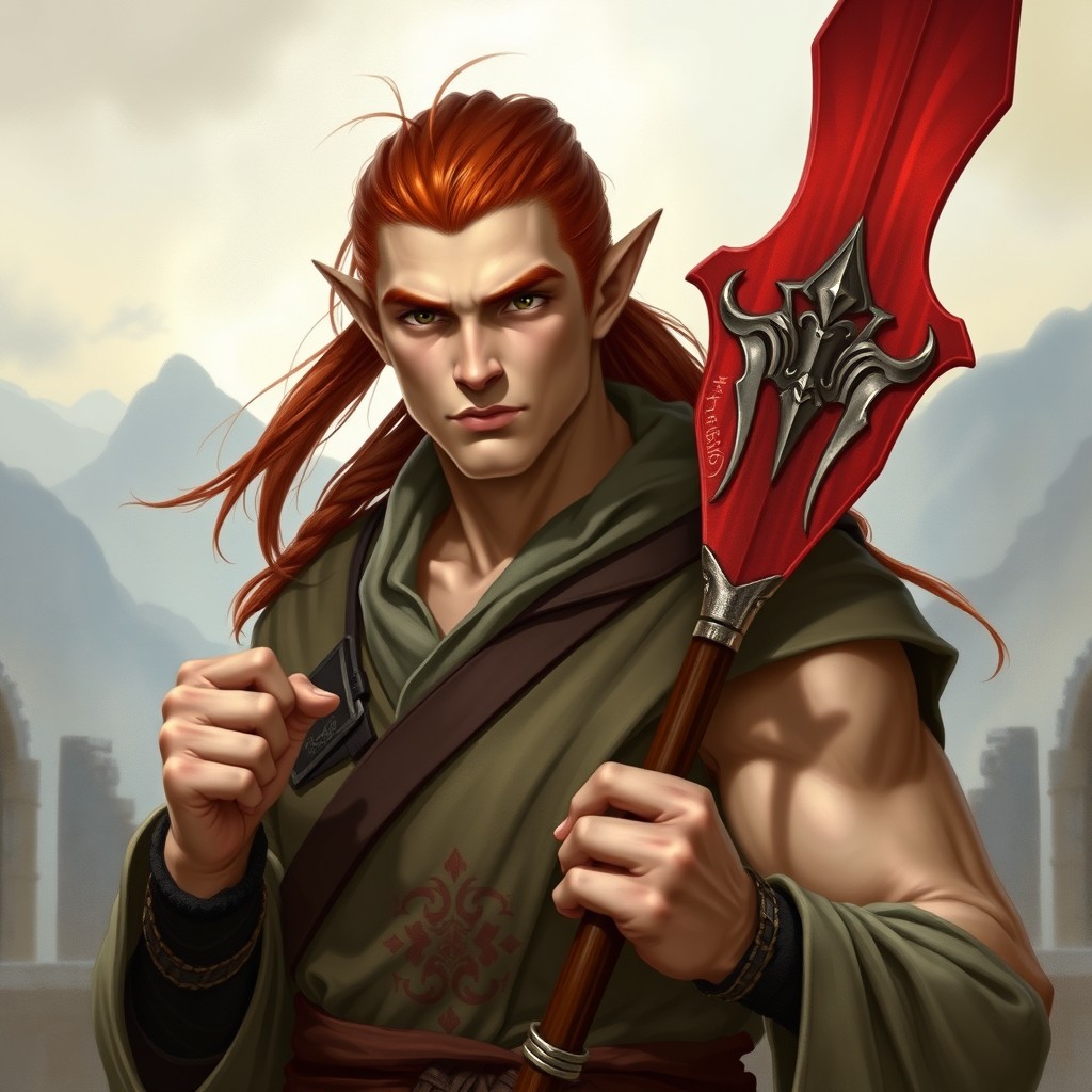 A portrait of a pale-skinned, muscular male elf monk with long reddish hair tied back in a warrior style