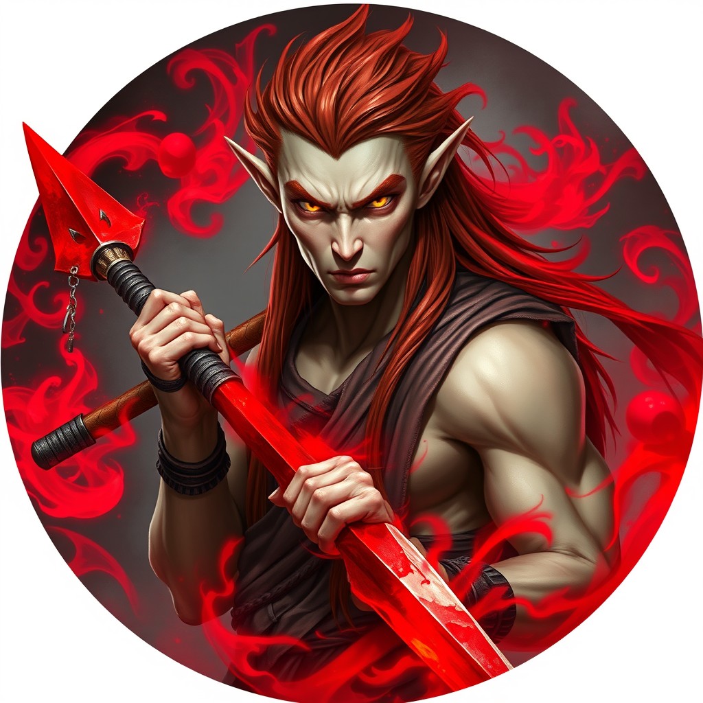 A portrait of a pale-skinned, muscular male elf monk with intense yellow eyes and long, wild reddish hair