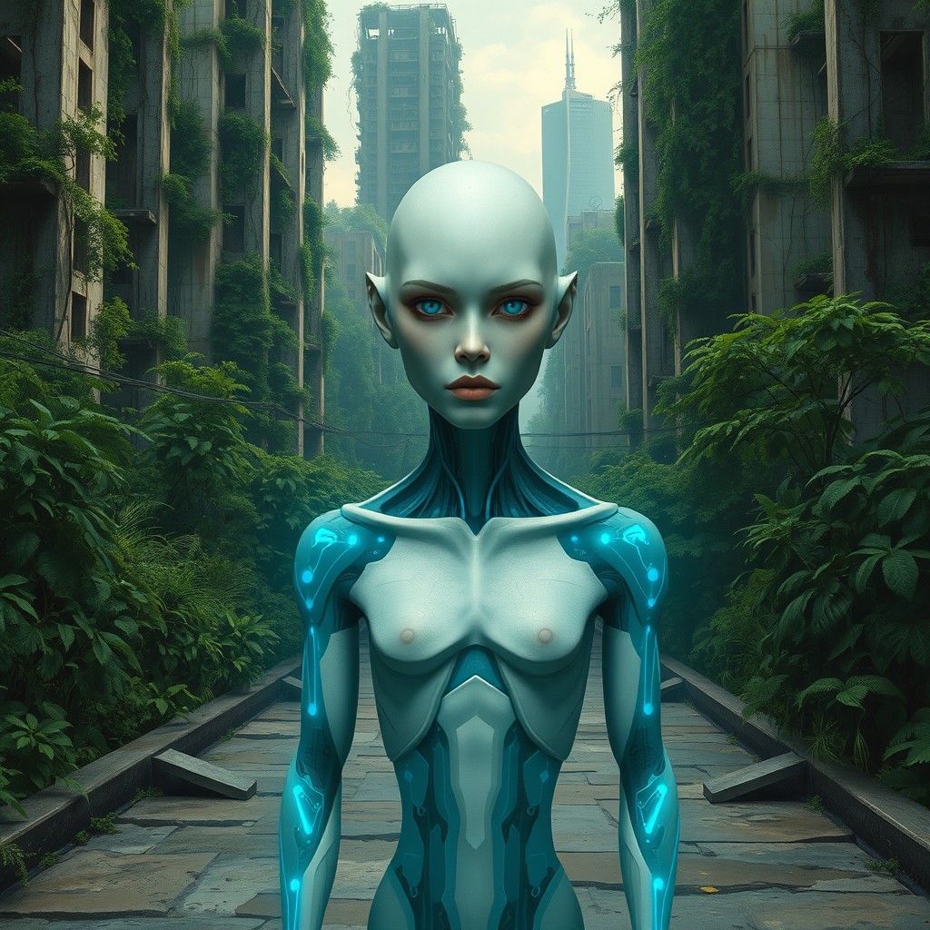 A stunning digital painting of a synthetic humanoid figure with light skin standing on a weathered pathway