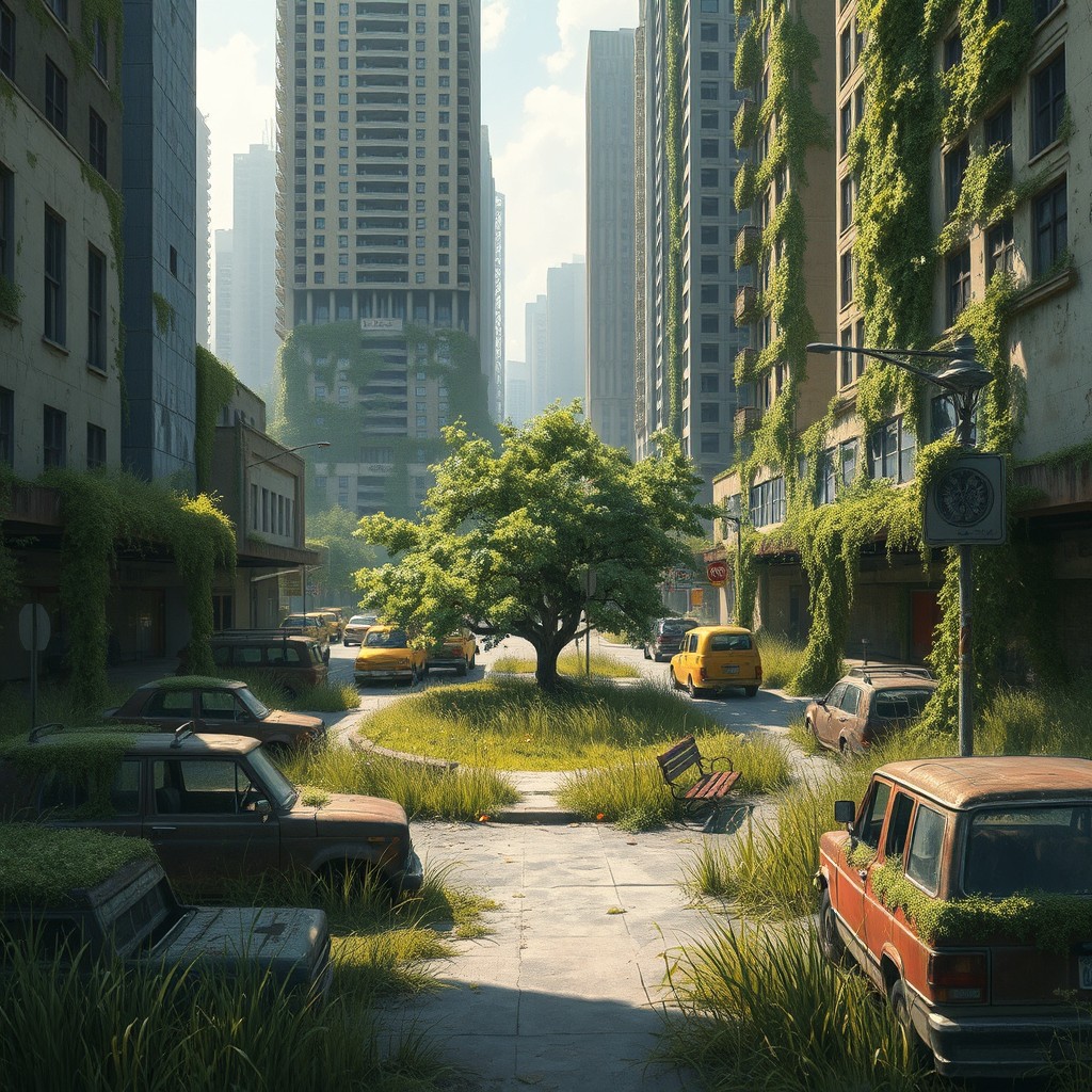 A detailed digital painting of an abandoned urban city center overtaken by nature