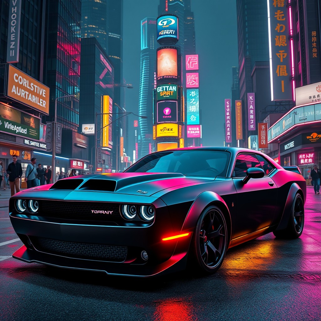 A futuristic cyberpunk muscle car featuring a prominent hood scoop, adorned with vibrant neon lights and finished in sleek matte black paint