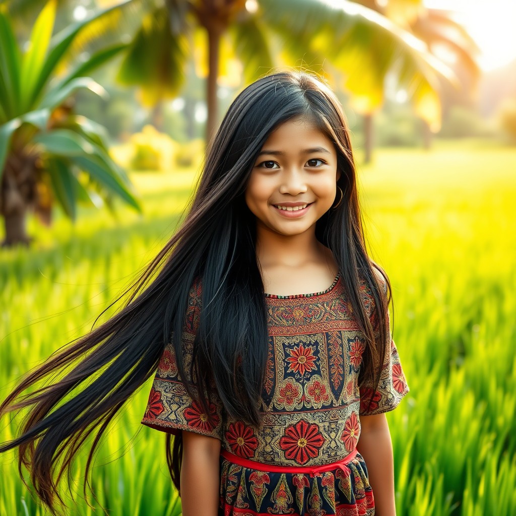A beautiful Indonesian girl with long, flowing black hair, wearing a traditional batik dress adorned with intricate patterns, standing in a vibrant rice field surrounded by lush greenery and palm trees, with a warm smile, soft sunlight illuminating her face, showcasing the natural beauty of Indonesia