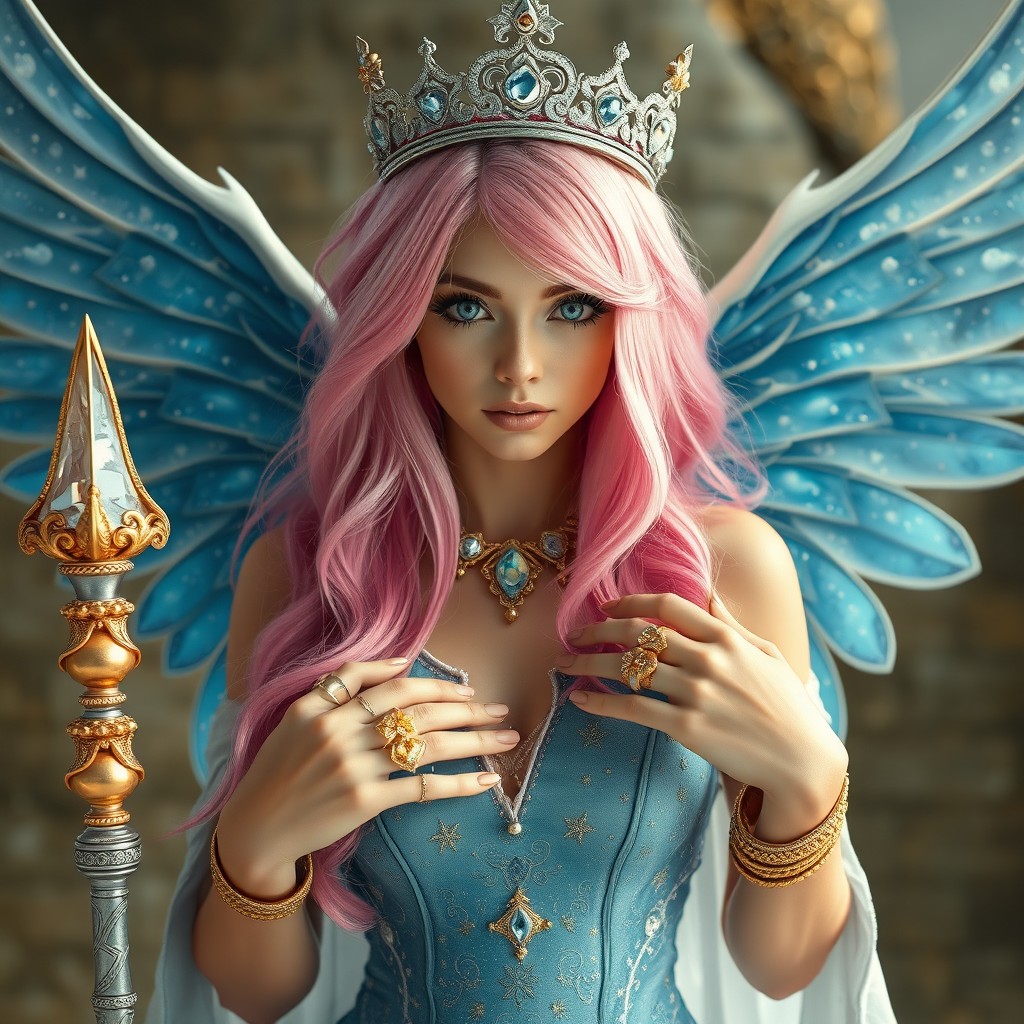 A stunning woman with long pink hair that partially covers her eyes, adorned with a silver crown featuring constellations and planet crystals