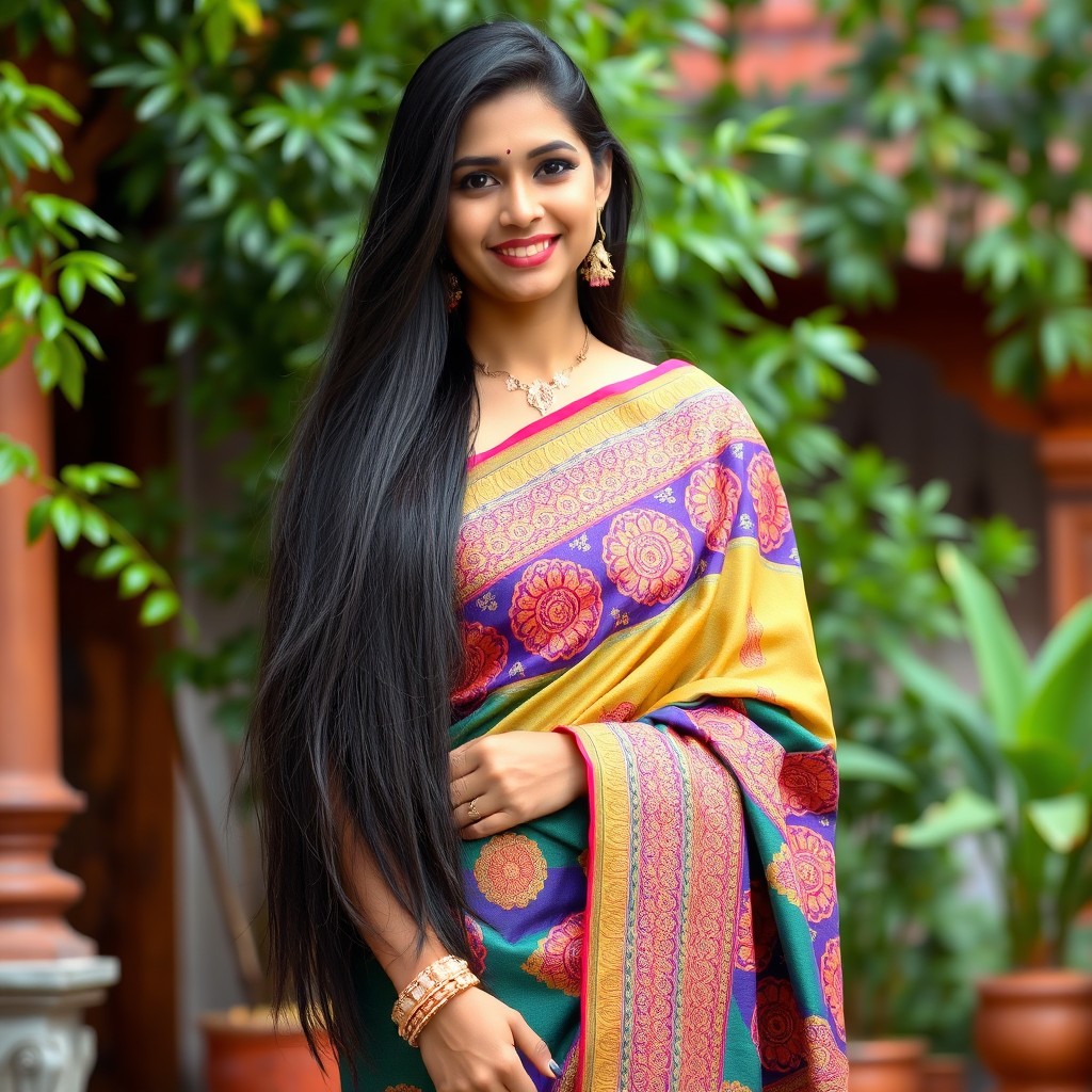 A beautiful Indian woman with long, flowing black hair, wearing a vibrant saree with intricate designs and bold colors