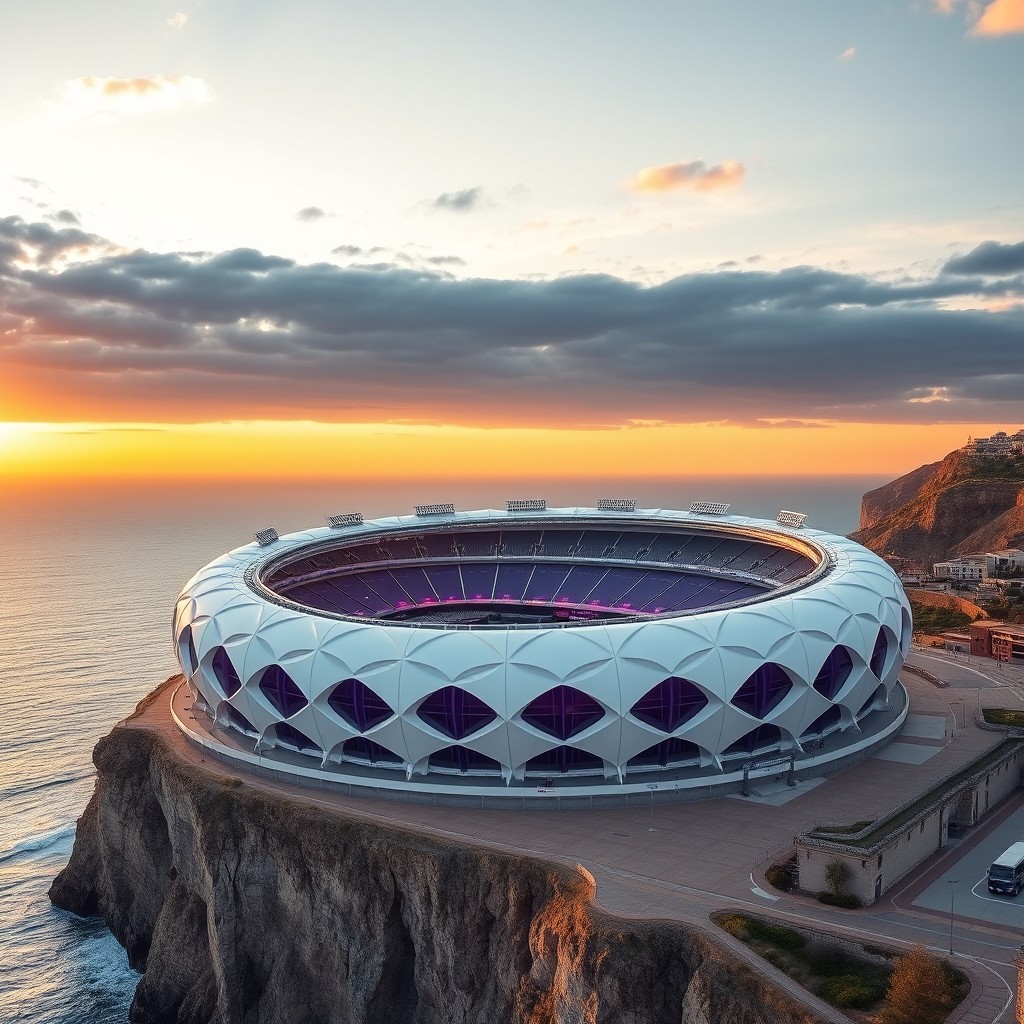 An exceptionally designed white football stadium with a capacity of 35,000 seats, exhibiting a complete spherical shape adorned with elegant purple accents and details that embody a team whose main color is purple