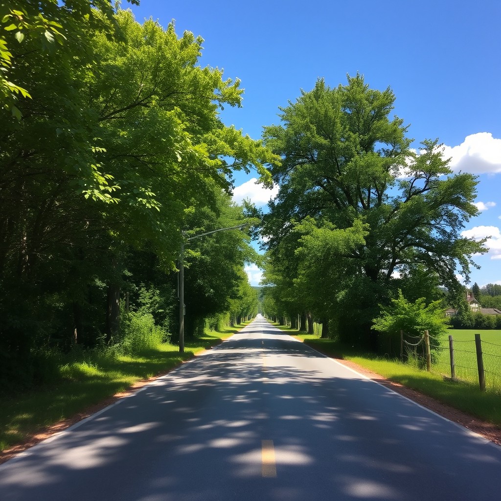 A serene and picturesque country road with a clear blue sky, lined by lush green trees on both sides