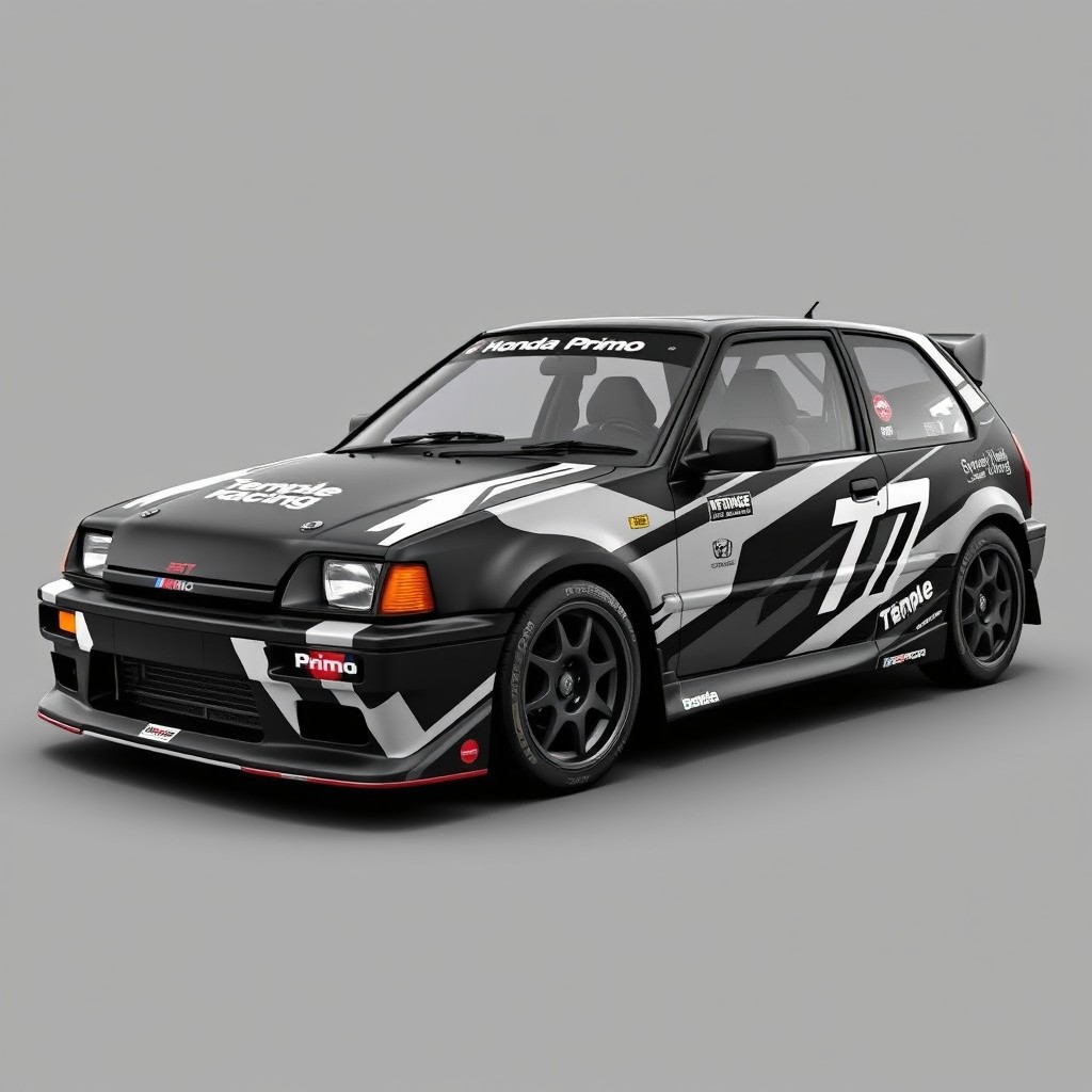 Imagine a wrap design for a 1990 Honda Civic Hatchback, featuring a motorsport theme with a half-matte black base color