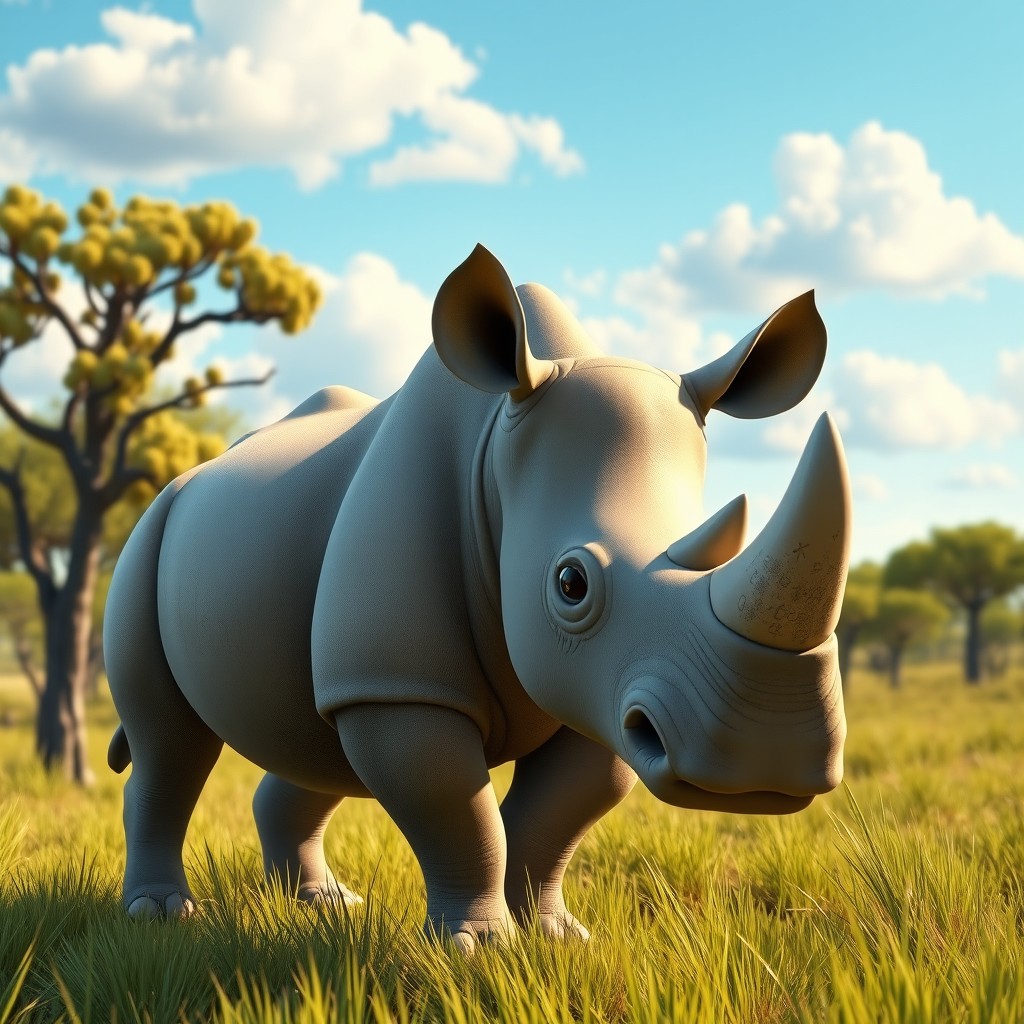 A hyper-realistic Pixar style rhinoceros standing in a lush green savanna