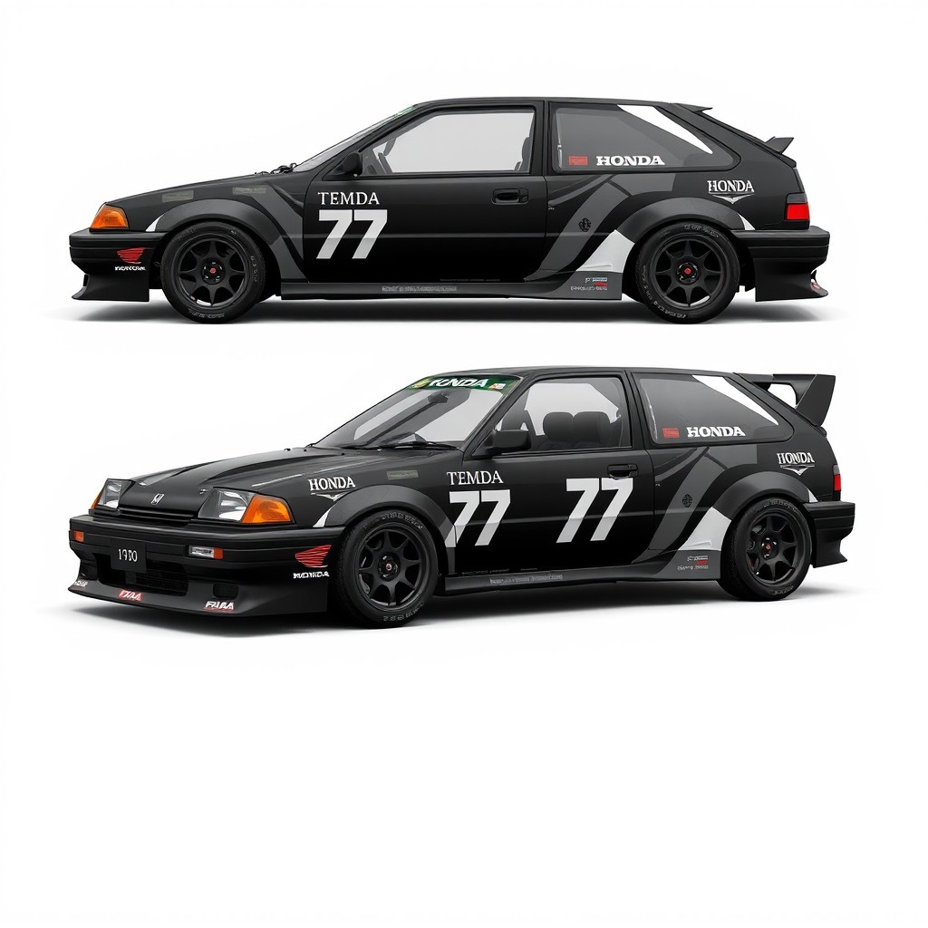 Design a wrap project for a 1990 Honda Civic Hatchback, emphasizing a clean and professional motorsport style