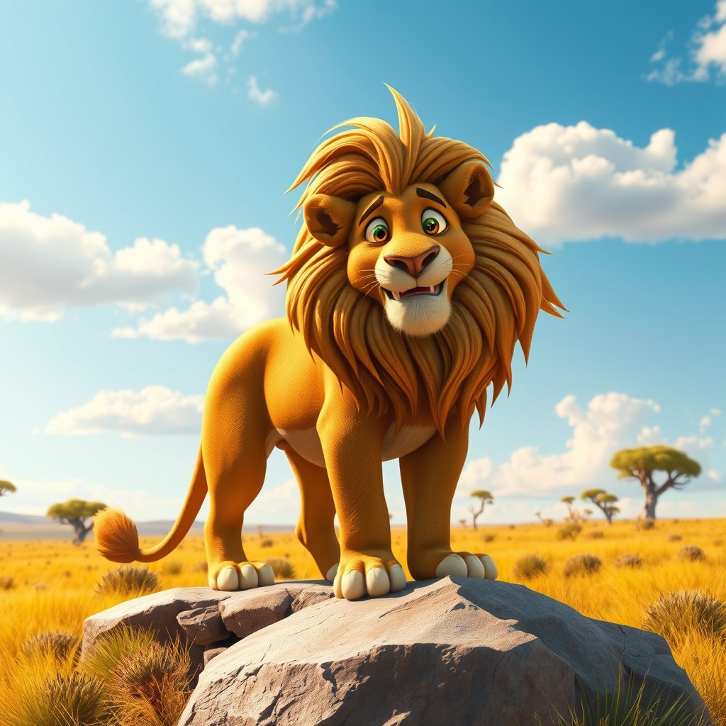 A hyper-realistic Pixar style lion standing majestically on a rocky outcrop in a sunlit savanna