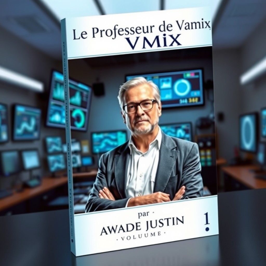 A captivating book cover for a novel titled 'Le Professeur de Vmix' by author AWADE JUSTIN, showcasing an intellectual and modern vibe