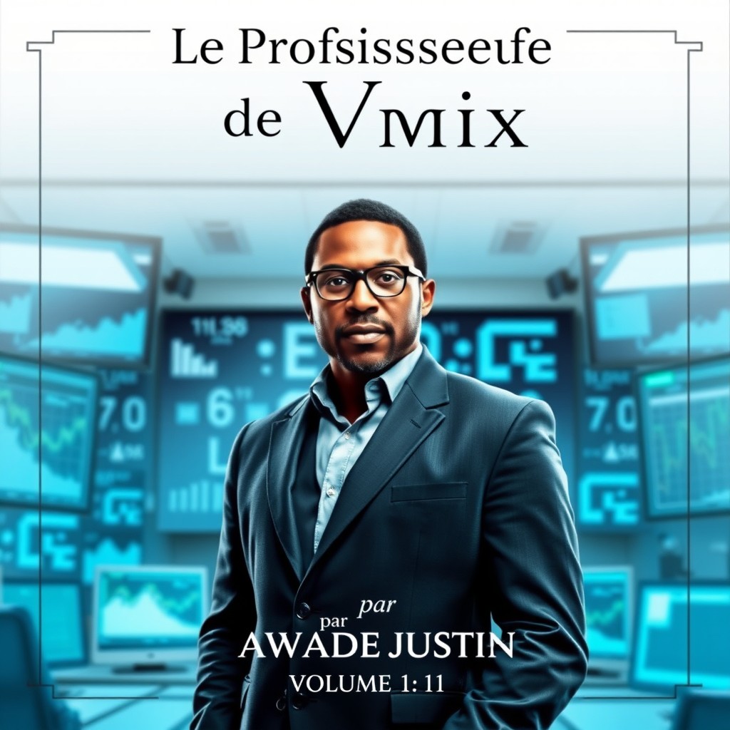 A captivating book cover for a novel titled 'Le Professeur de Vmix' by author AWADE JUSTIN, featuring a distinguished black man as the main subject