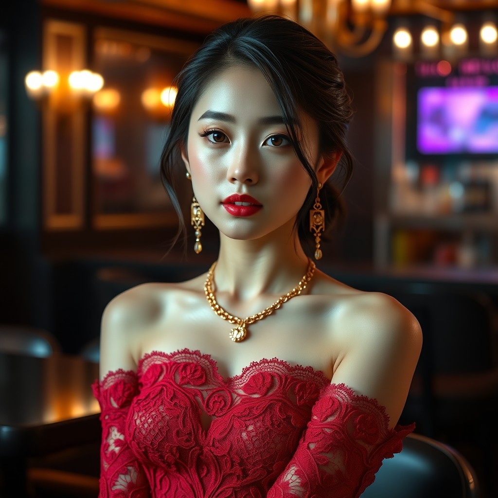A beautiful portrait of a stunning Korean girl, embodying the essence of a K-pop actress and a supermodel, set in an opulent luxury pub