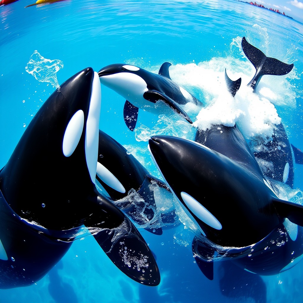 A vibrant underwater scene showcasing killer whales (orcas) exhibiting social behaviors