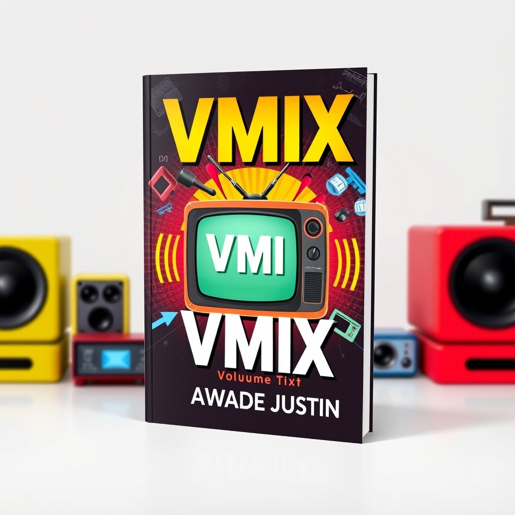 A striking book cover design for 'VMIX' by AWADE JUSTIN, Volume 1, focusing on the theme of television broadcasting