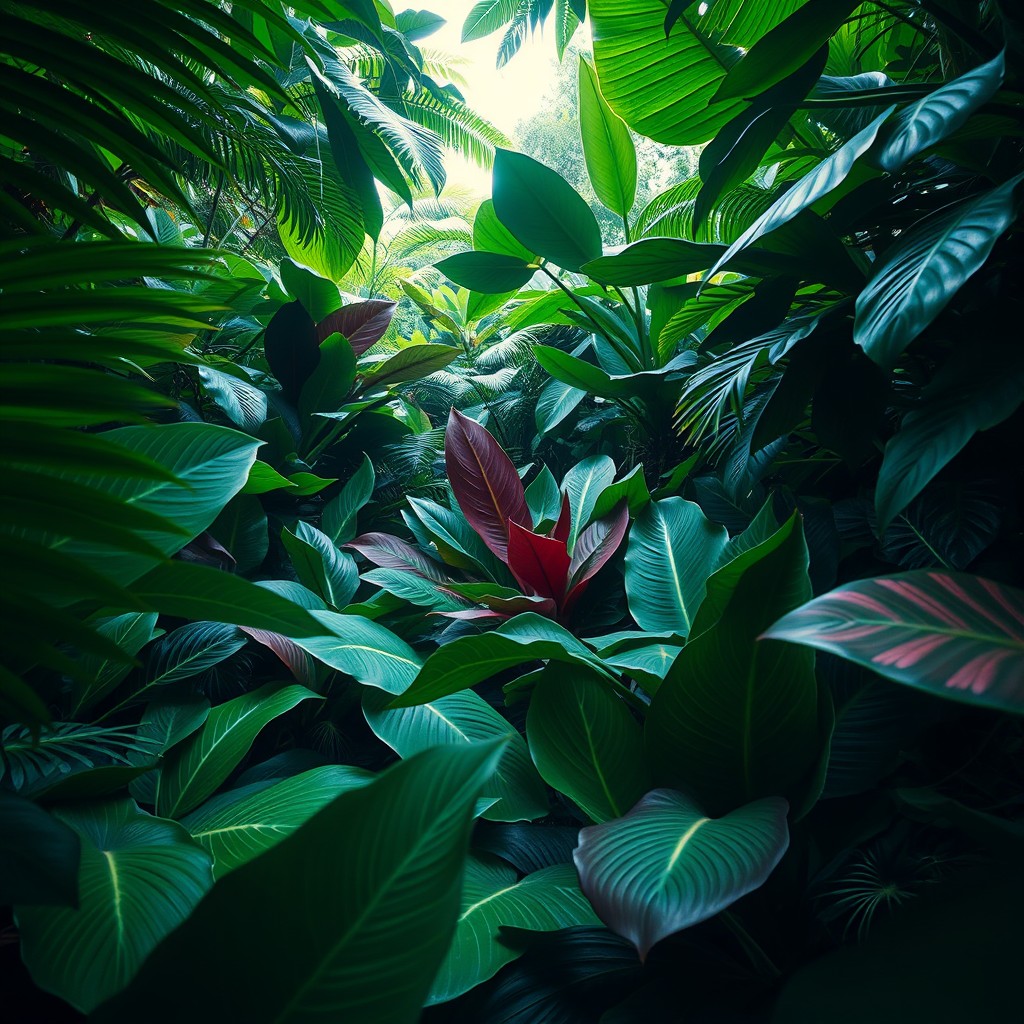 A dense jungle scene viewed from within the foliage, featuring a lush collection of various species of Calathea plants such as Calathea orbifolia, Calathea lancifolia, Calathea medallion, and Calathea roseopicta