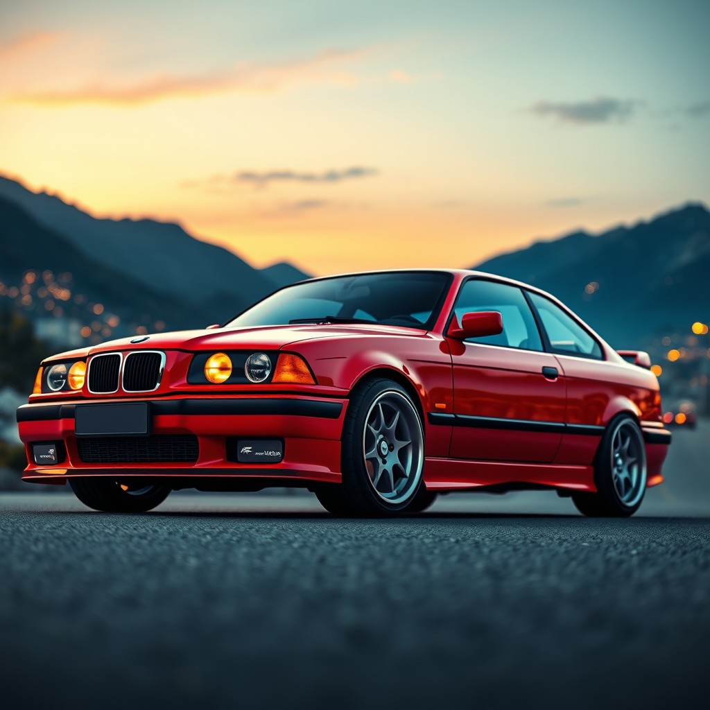 A detailed and stunning rendering of a BMW E36, showcasing its iconic design elements like the sleek body lines, distinctive kidney grille, and sporty stance