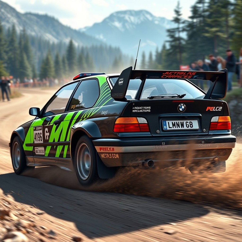 A dynamic and action-packed rendering of a BMW E36 modified for rally racing, featuring a vibrant livery with bold sponsor logos and a striking color scheme, such as neon green and black