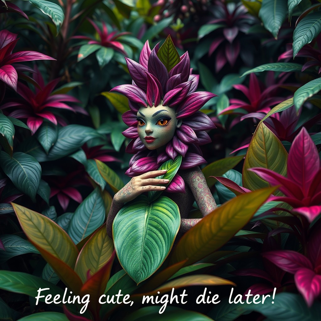 A hyper-realistic jungle scene with dense, vibrant foliage made entirely of various Calathea species