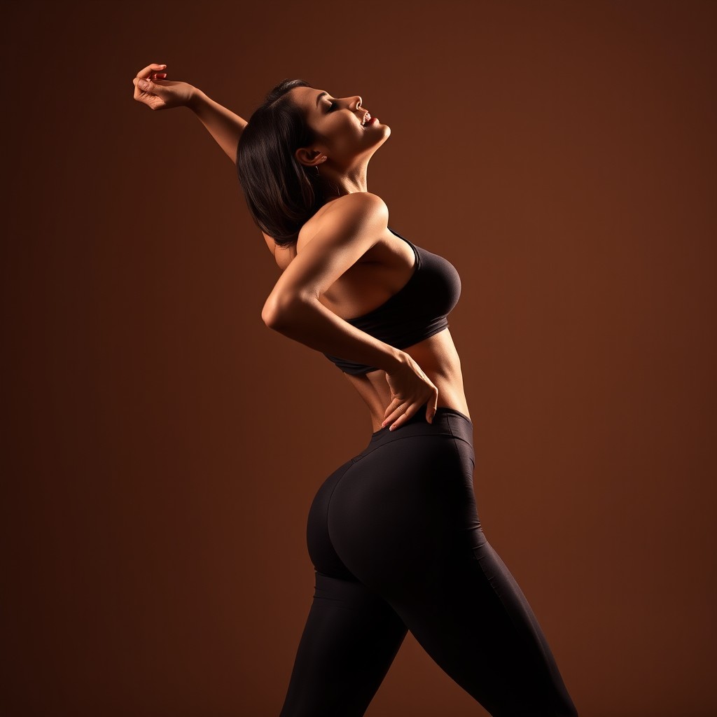 A tall, slim woman arching her back slightly to accentuate her curves, with her right hand confidently placed on her upper thigh