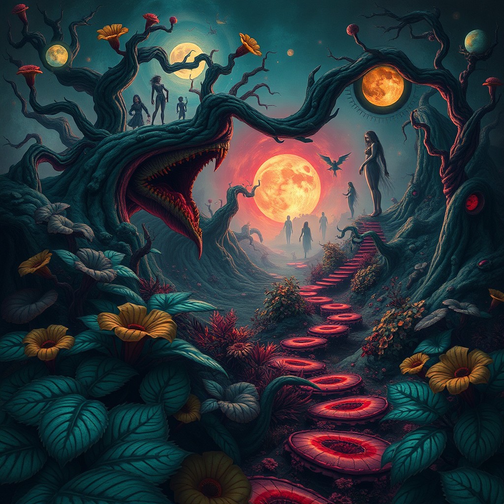 A surreal artwork inspired by the themes of Tomino's Hell, depicting a vivid and dreamlike landscape filled with twisting, ethereal paths and hauntingly beautiful imagery