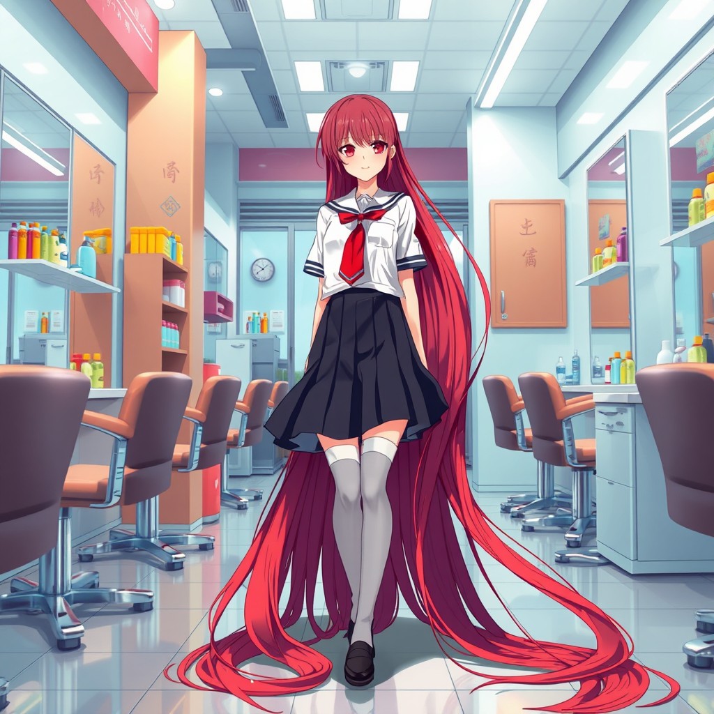 An anime girl with exceptionally long red hair cascading down and touching the floor, wearing a stylish Japanese school uniform featuring a pleated skirt and a crisp white blouse, as well as thigh-high socks