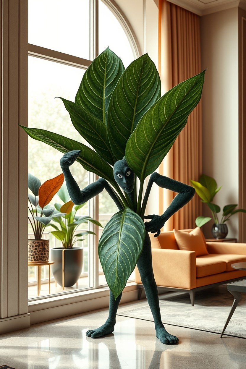 A still, hyper-realistic scene featuring an anthropomorphic Calathea character standing confidently in front of a large window within a sophisticated, elegant room