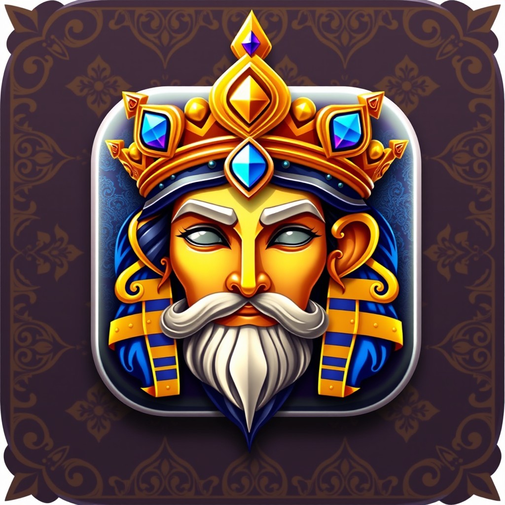 An artistic representation of an app icon inspired by King Solomon's head, featuring intricate designs and patterns that reflect wisdom and royalty