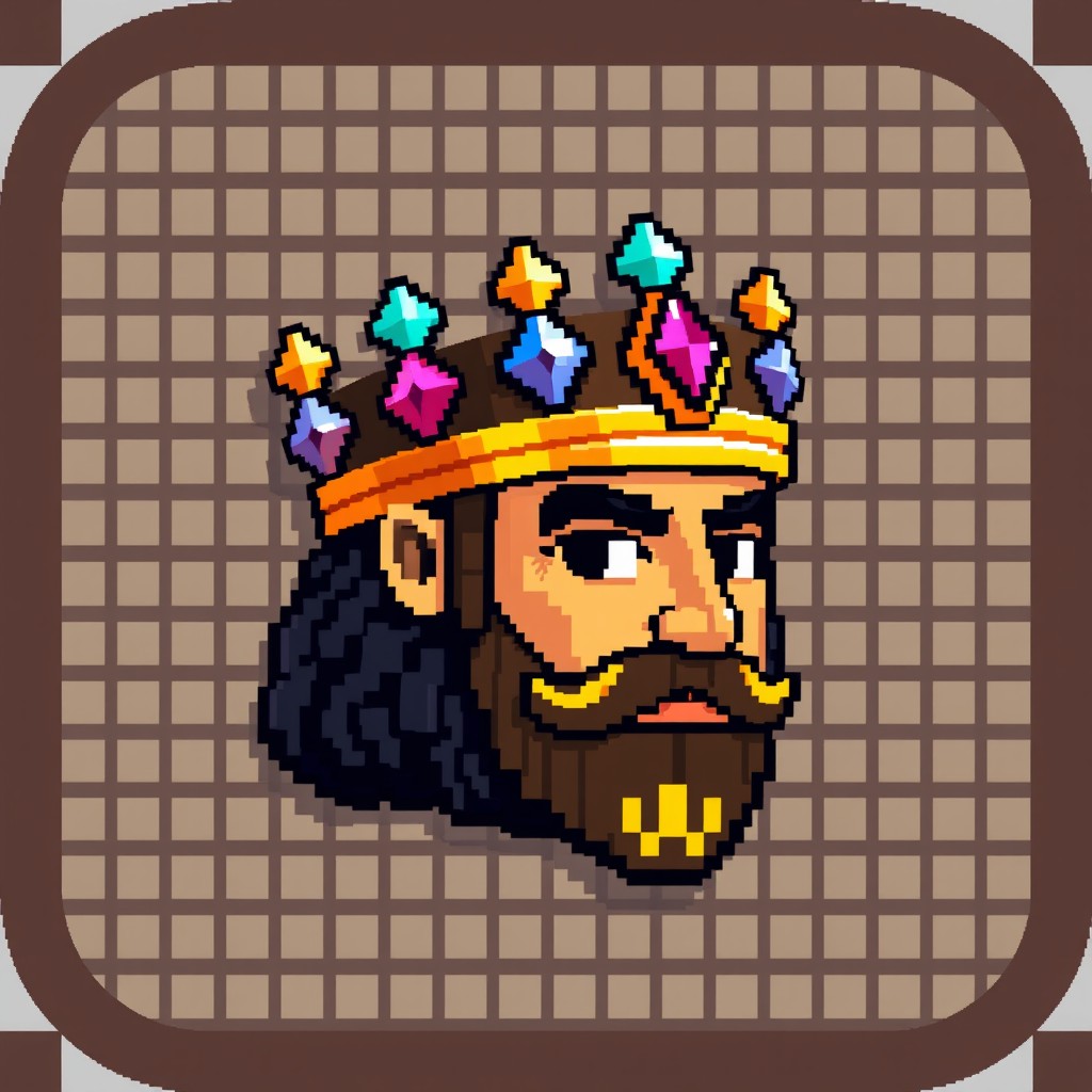 A pixel art representation of an app icon inspired by King Solomon's head, featuring a stylized and blocky design
