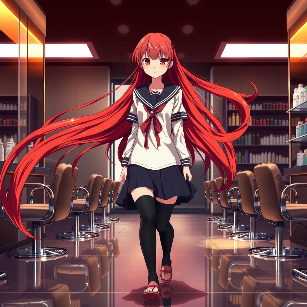 A dramatic scene featuring an anime girl with floor-length flowing red hair walking into a modern Japanese hair salon
