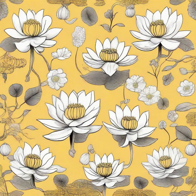 Tile pattern design on a bright yellow background featuring white lotuses.