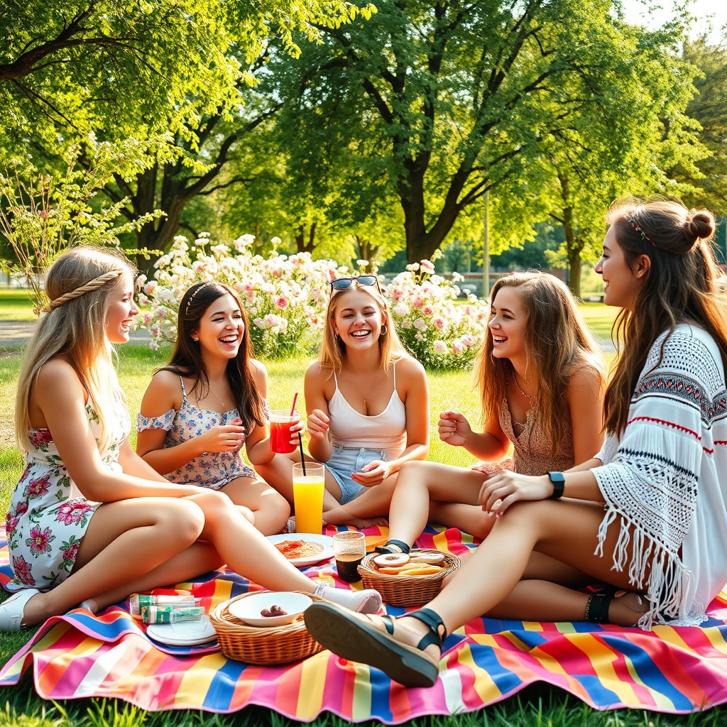 A vibrant scene of a group of teenage girls gathered in a park, engaged in a playful picnic