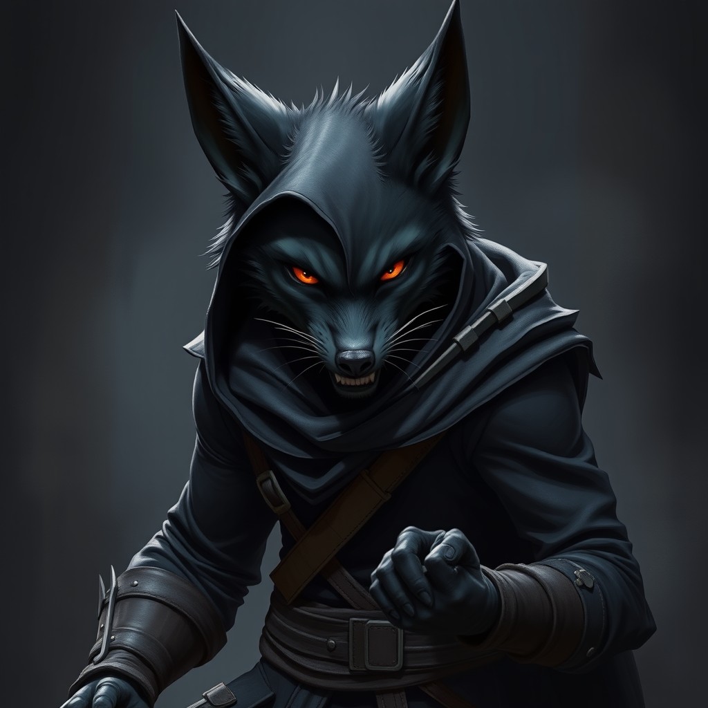 A tall and fit adult black werefox displayed in a battle stance, growling with a serious expression that conveys intensity and focus