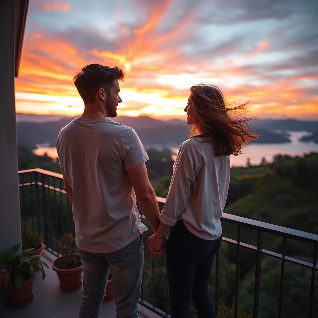 A couple holding hands on a balcony, deeply enjoying a beautiful sunset view