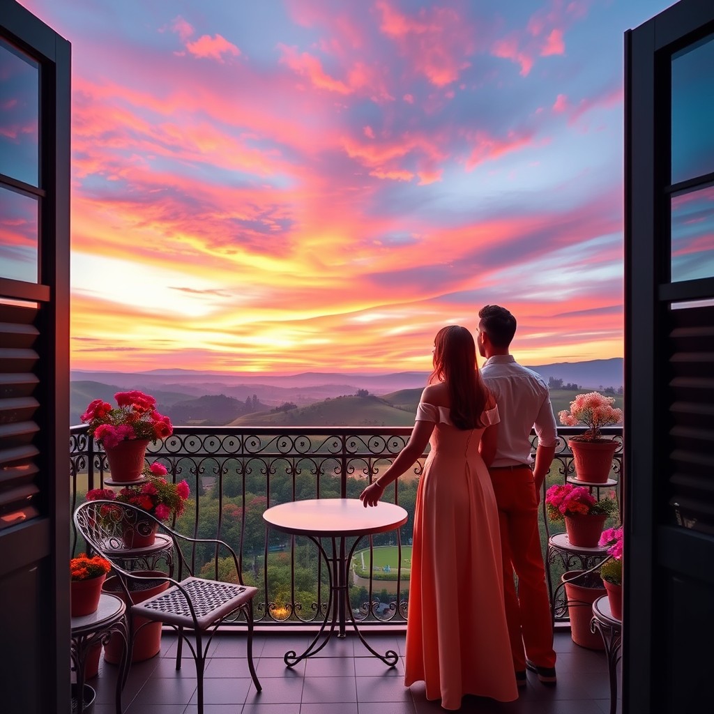 A couple holding hands on a tastefully decorated balcony, enjoying a picturesque view