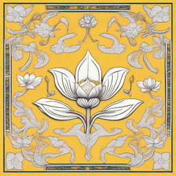 Tile pattern design on a bright yellow background featuring white lotuses.