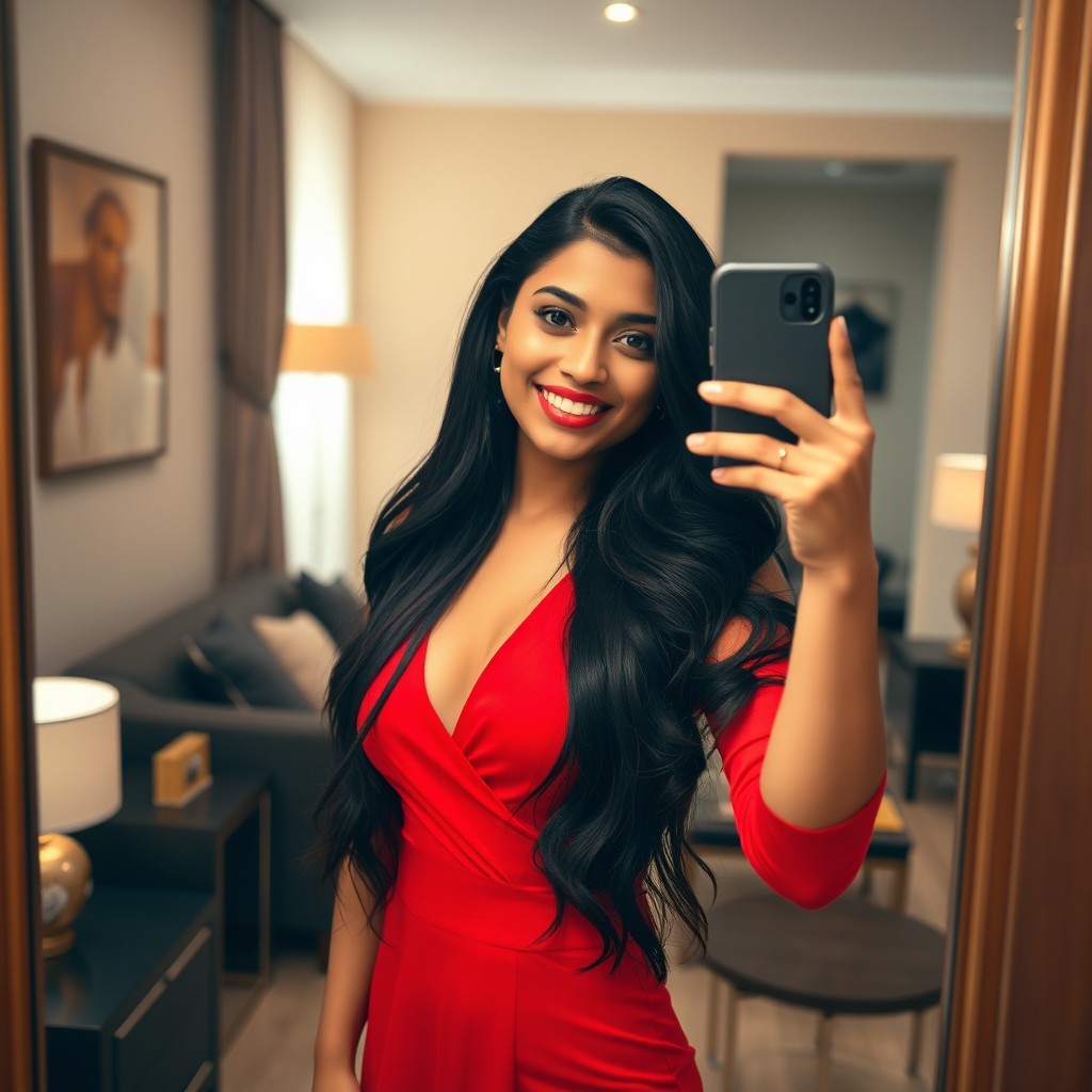A confident 24-year-old Indian woman wearing a stunning red hot dress, striking a pose in front of a mirror for a selfie