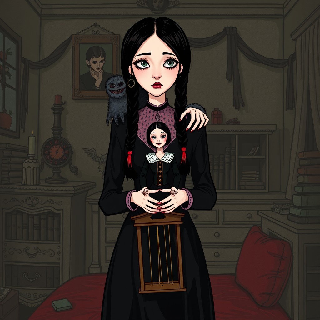 A darkly whimsical illustration of Wednesday Addams, depicted in her iconic style, with her long black braids and a serious expression on her face