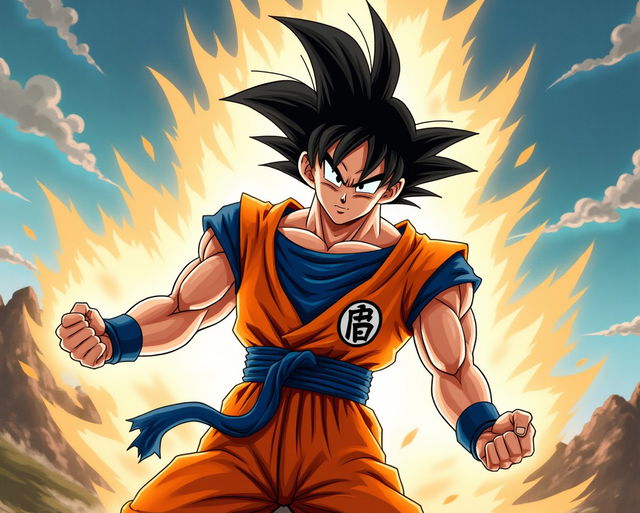 An epic, dynamic pose of a powerful Saiyan warrior inspired by anime, showcasing bright, spiky black hair and wearing a vibrant orange gi with a blue undershirt