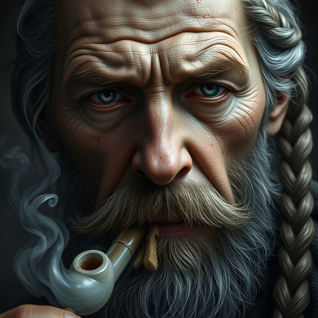 A close-up portrait of a 40-year-old nobleman with ash-white hair tied in a tight braid and a weathered beard