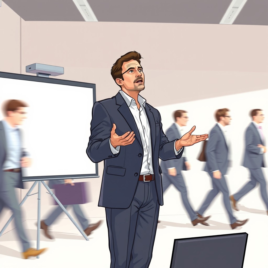 A business meeting scene where a focused man stands in front of a projector passionately explaining his topic