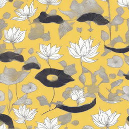 Tile pattern design on a bright yellow background featuring white lotuses.