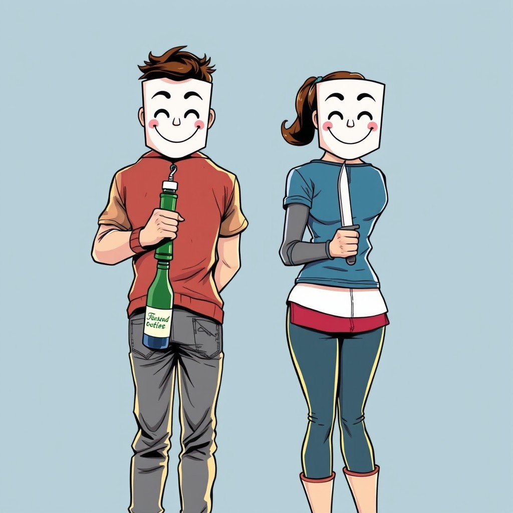 A striking comic-style scene featuring a husband and wife standing facing each other, both holding smiling masks in front of their faces, creating a sense of irony and hidden emotions