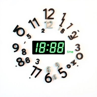 A unique and artistic clock design featuring scattered numbers, with the current digital time displayed in the center in a bright green color