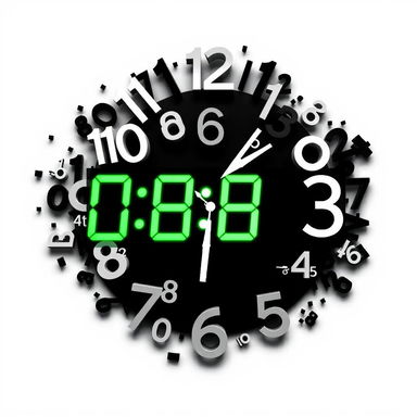 A unique and artistic clock design featuring scattered numbers, with the current digital time displayed in the center in a bright green color
